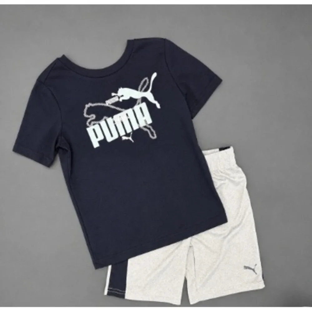 Puma Boys 2 Piece Outfit Navy Blue Graphic T-Shirt Heather Gray Shorts Size 6
